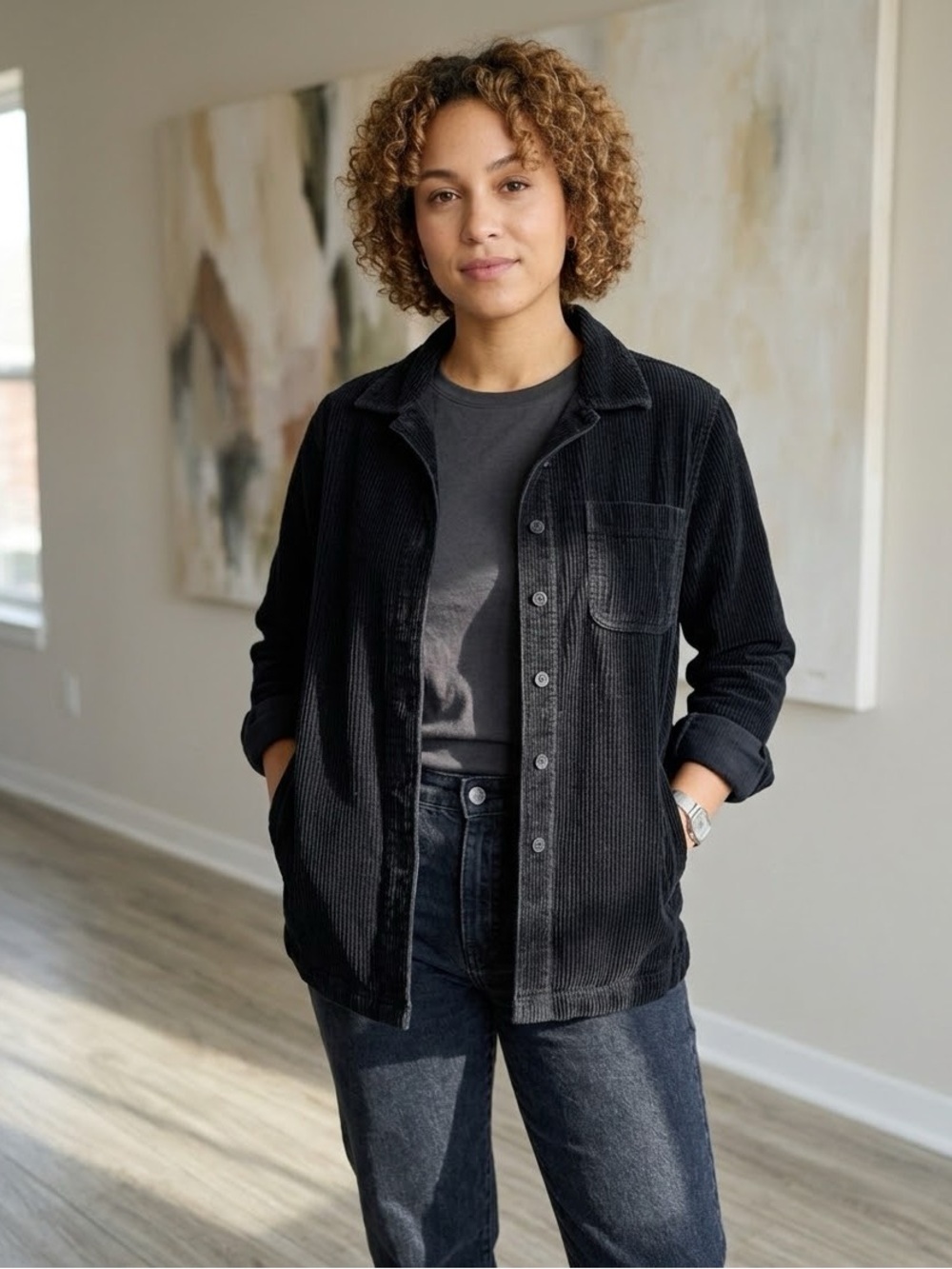 L.L. Bean Black Corduroy Button-Front Jacket